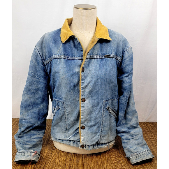 Vintage 70s Wrangler Sherpa Lined Denim Jacket USA Corduroy Collar Distressed - Picture 1 of 16
